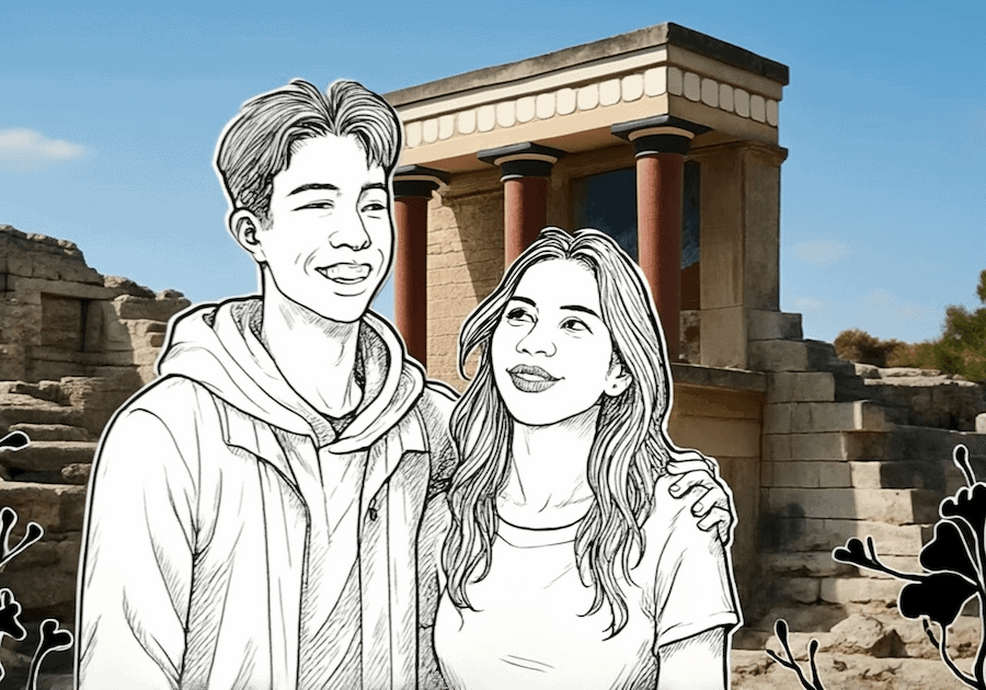 Paper Cutout George & Liv at the Minoan Palace in Knossos, Greece