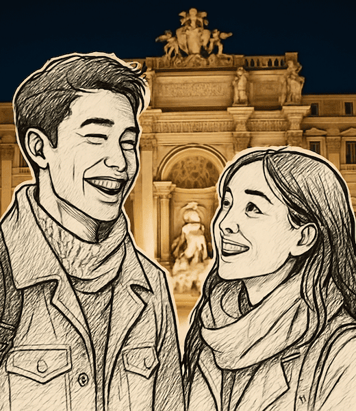 Paper Cutout George & Liv at the Trevi Fountain in Rome, Italy