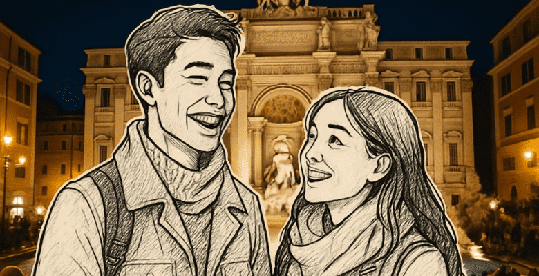 Paper Cutout George & Liv at the Trevi Fountain in Rome, Italy