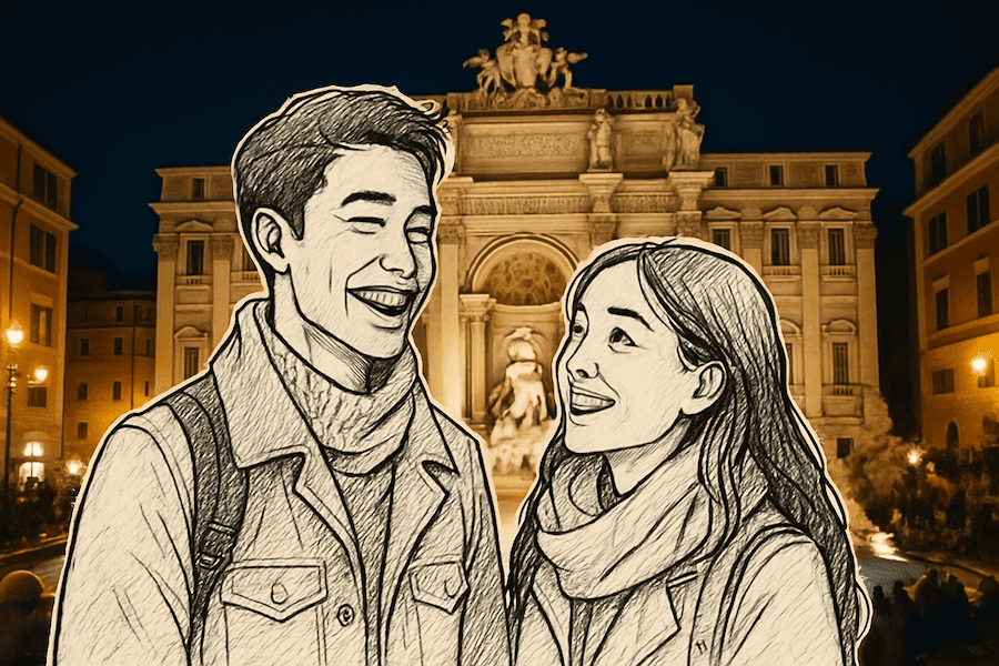 Paper Cutout George & Liv at the Trevi Fountain in Rome, Italy