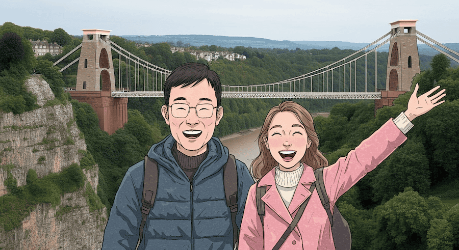 Joyful paper cutout travellers poising for a photo at the Clifton Suspension Bridge in Bristol, UK.