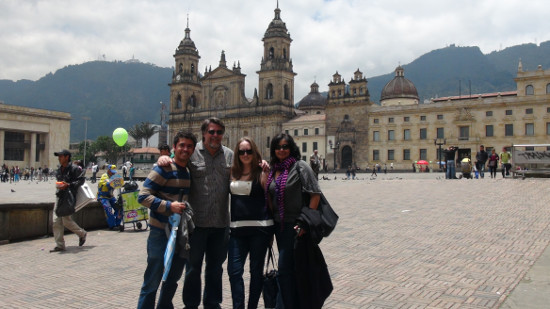 Jaime Tenorio, Steve Peters, Caitlin Burns and Lina Srivastava in Plaza de Bolívar, Bogota, Columbia.