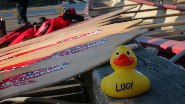 Lucy Duck on a First Nation's paddle.