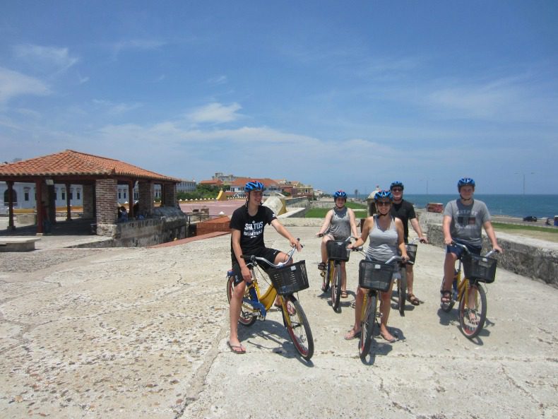 Biking on the wall around the old city in Cartagena, Colombia.