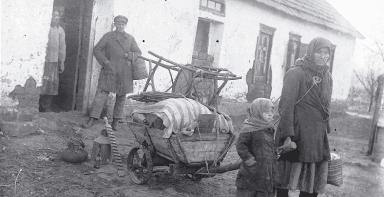 A kulak family being forced from their their home in Udachne village in Donetsk Oblast, during dekulakization in the early 1930s.