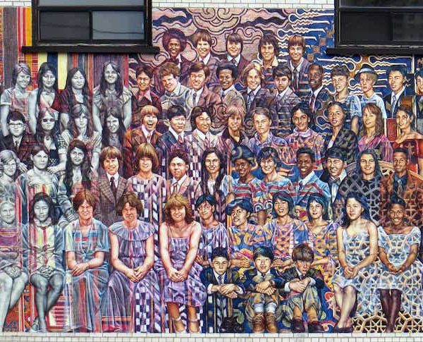 A mural in the style of a class photo, celebrating the ethnic and cultural character of Islington as it has changed over the last century.
