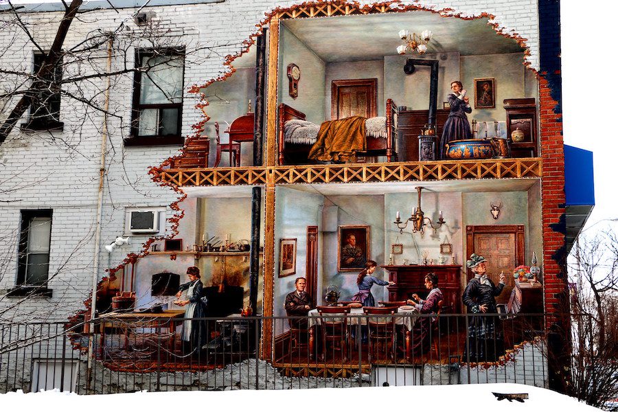 Mural depicting a typical late Victorian residence with furniture that would have been available in Toronto in the 1880s.