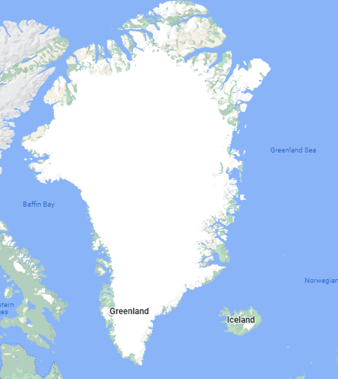 Map of Greenland and Iceland, showing Iceland as green and Greenland as ice covered.