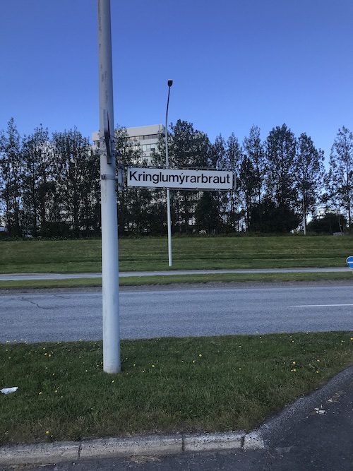 Street sign with a long name in Reykjavik.