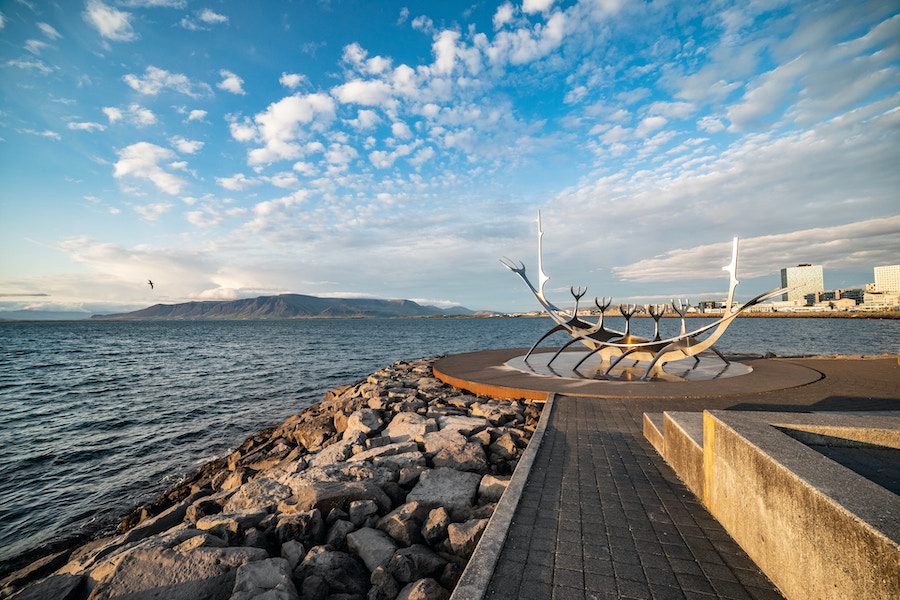 The Sun Voyager, a strikingly beautiful and unique steel sculpture resembling a Viking ship, in Reykjavik, Iceland.