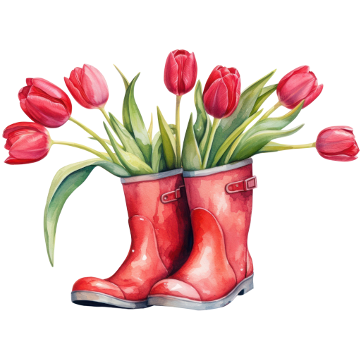 A bouquet of red tulips coming out of a pair of red wellies.