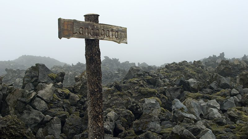 A street sign on the surface of the 1973 Eldfell lava flow.