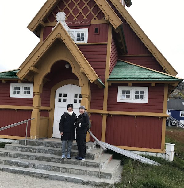 Anne and Vera in front of Fredens Kirke church in Paamiut, Greenland.