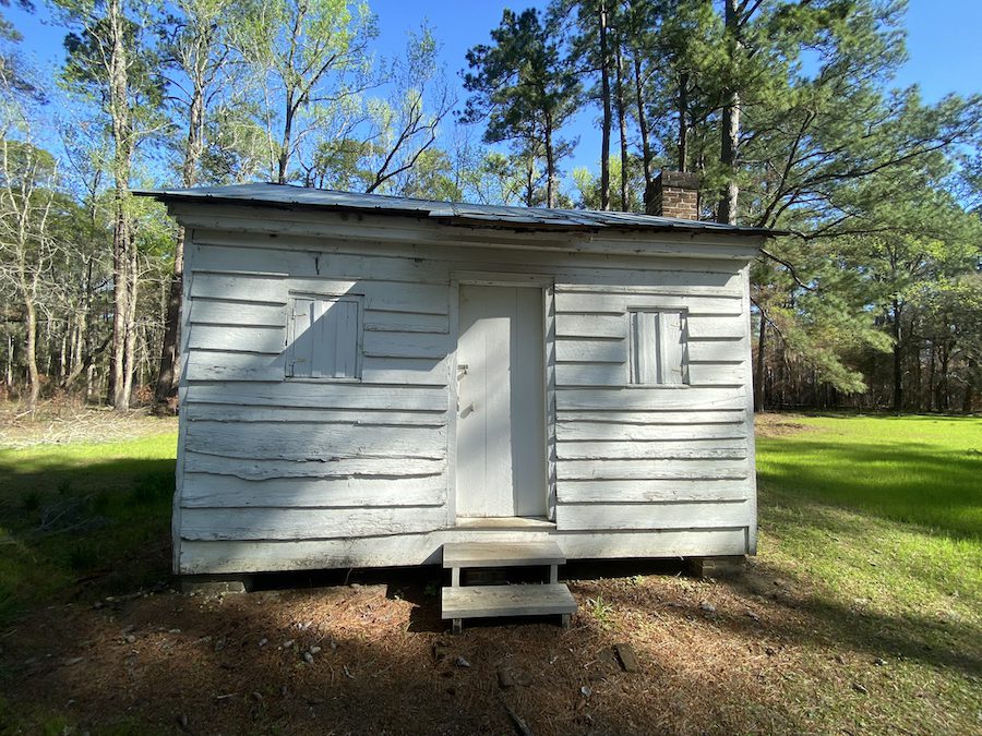 Former slave cabin in Friendfield Village. Note the roof painted in haint blue.