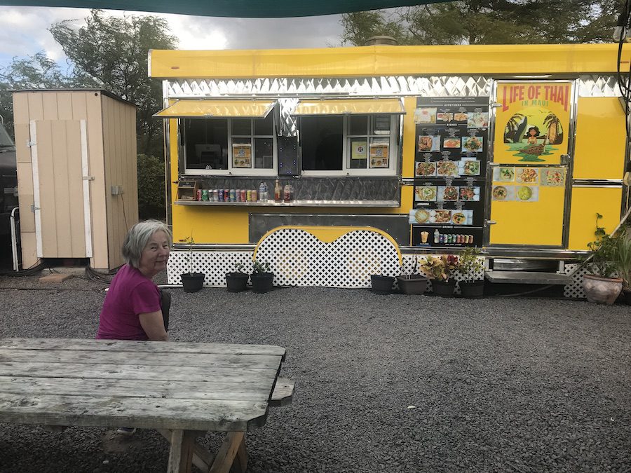 Vera waiting for our order from the Life of Thai food truck at Kihei Food Truck Park.