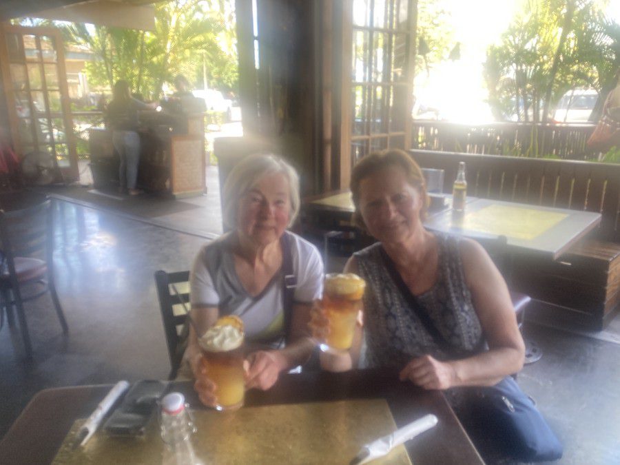 Vera and Anne enjoying Mai Tais for Happy Hour at Three’s Bar and Grill.