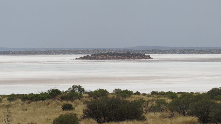 The salt lake seen from the Mount Conner Lookout in Australia's Outback.