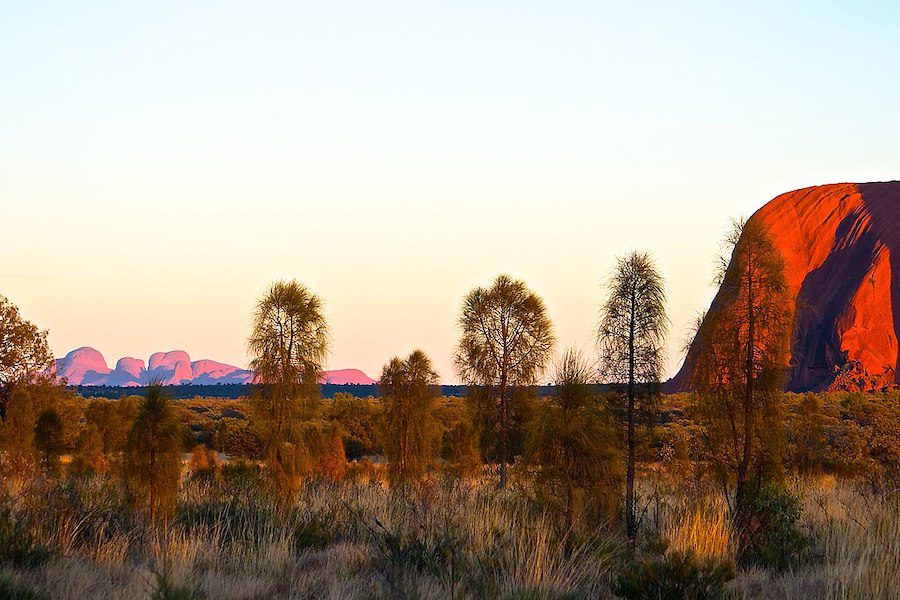 Uluru and Kata Tjuta at Sunset. 