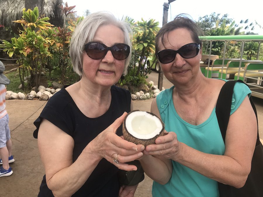 Vera, Anne and a coconut at Maui Tropical Plantation.