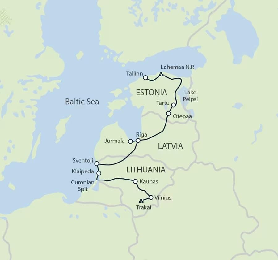 Exodus Adventure Travels' map for cycling the Baltics from Tallin, Estonia, through Latvia, to Trakai, Lithuania.