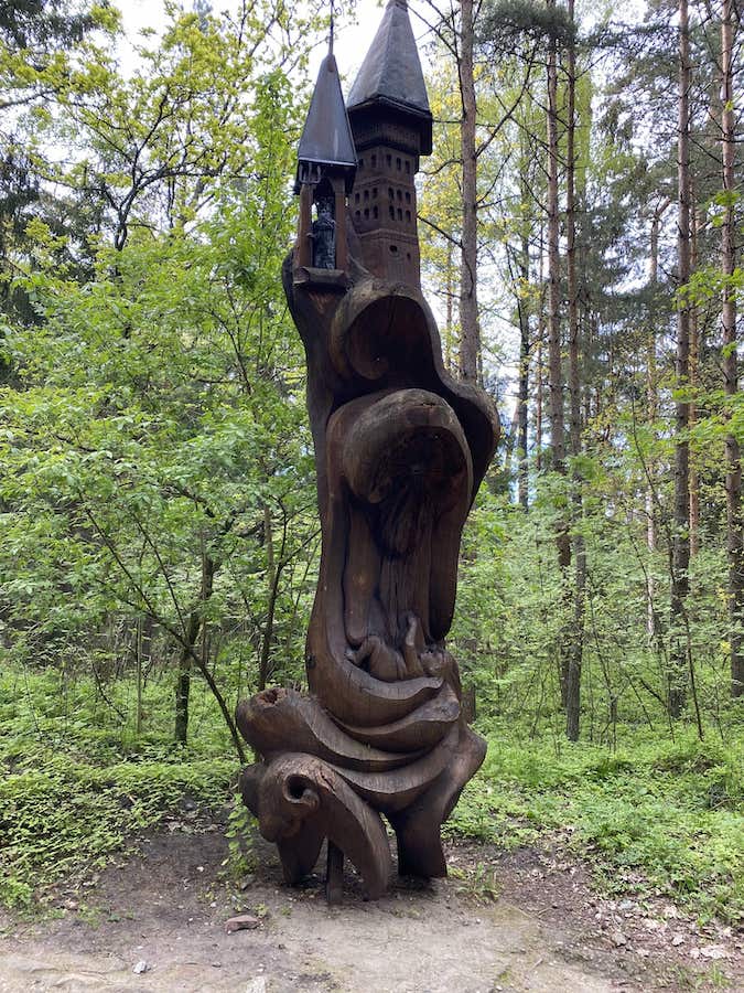 Wooden sculpture with two towers at the top, from Lithuanian folklore, on the Hill of Witches.