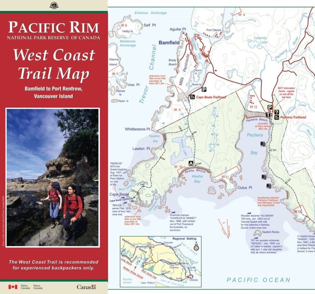 Park Canada Pacific Rim Map - Bamfield to Cape Beale, including the Cape Beale Lighthouse Trail.