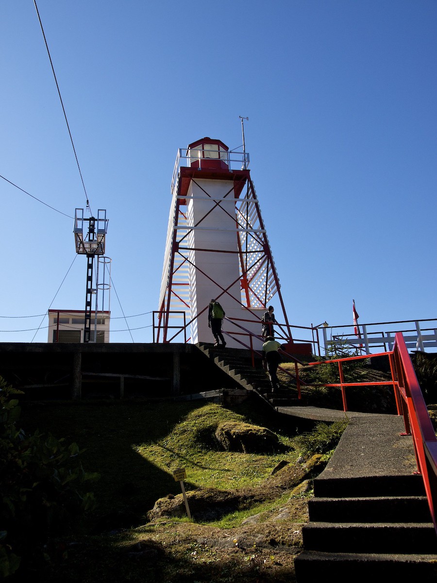 Cable car hoists goods up from lagoon at Cape Beale Lighthouse.