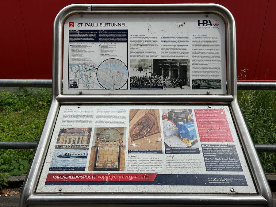 Interpretive sign outlining the history of the Alter Elbtunnel.
