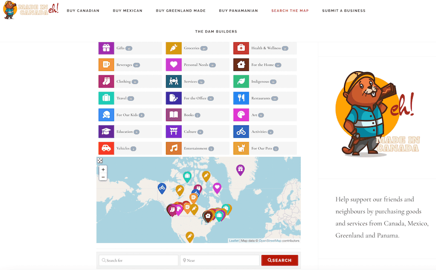 MadeInCanada-eh.ca map of Canadian businesses.