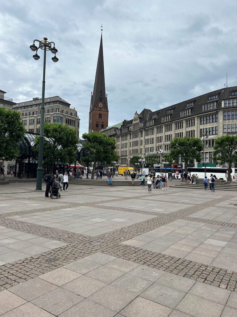 The steeple of St Petri Church, overlooking the streets of Hamburg.