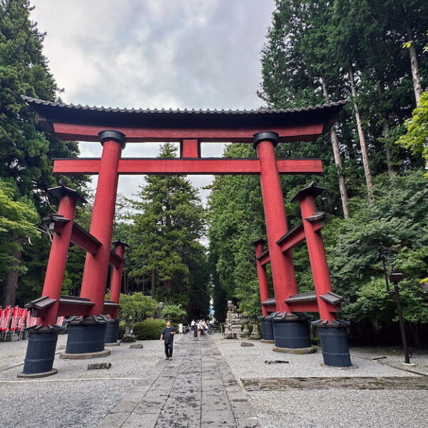 A clearly marked central path through the red torii gates is for the sacred at Sengen Jinja shrine.