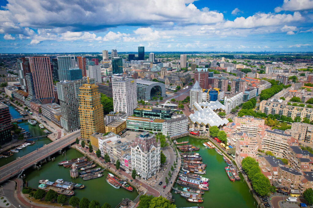 Aerial View of the Rotterdam City Skyline to ponder in deciding how to spend 1-day in Rotterdam, Netherlands.