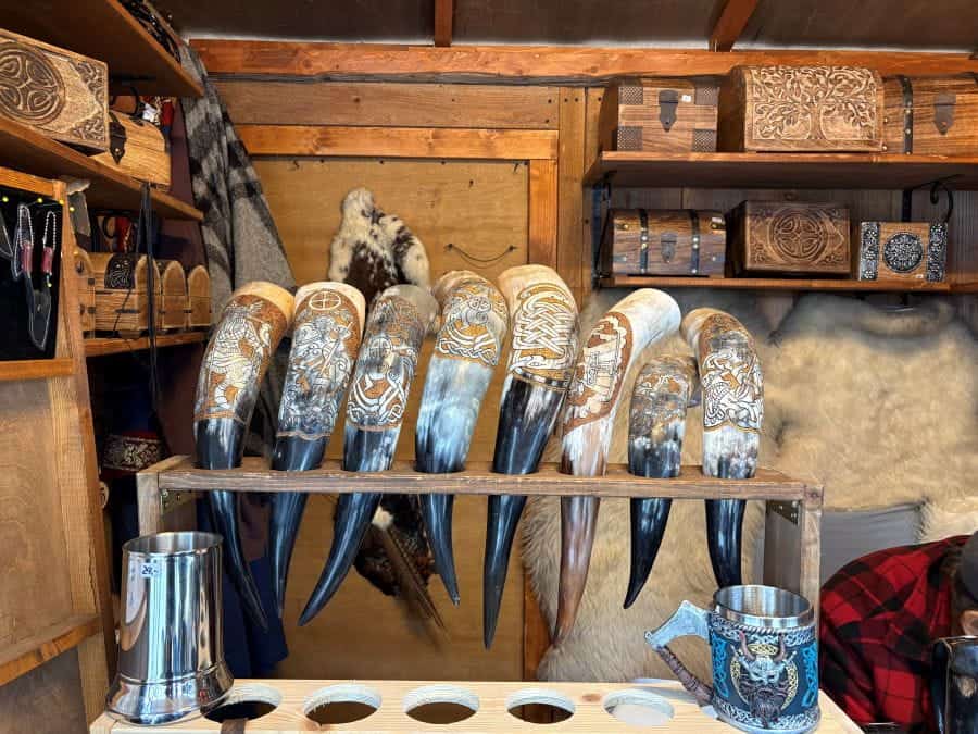 Ornately decorated Horns in a stall at the Munich Medieval Christmas Market