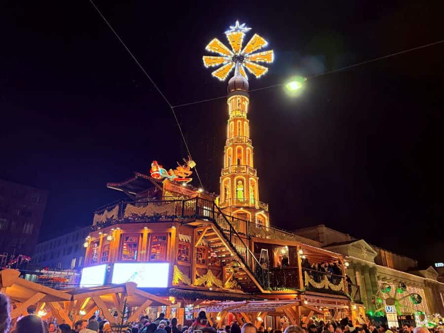 Brightly lit Weihnachtspyramide (German Christmas Pyramid) at Stuttgart's Christmas Market