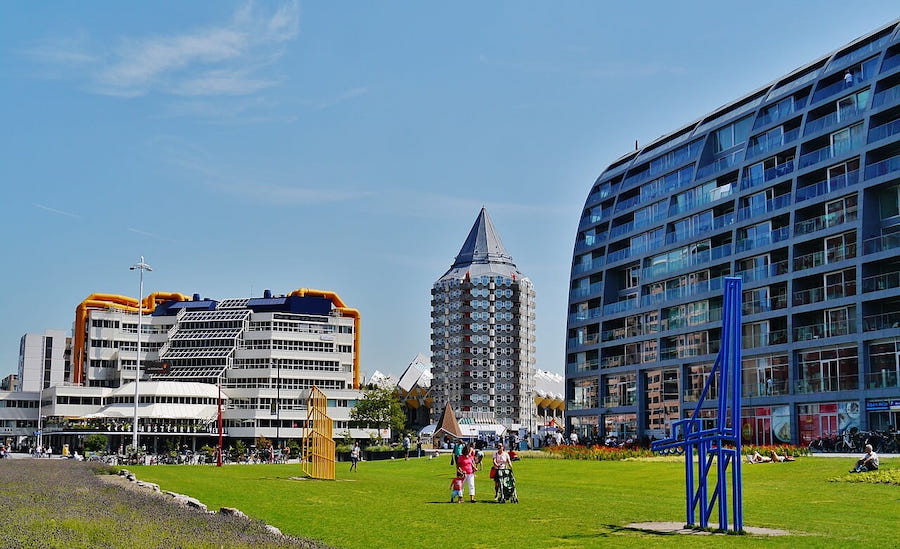 Centrale Bibliotheek Rotterdam, Blaaktoren and the Markthal bordering Binnenrotte Square.