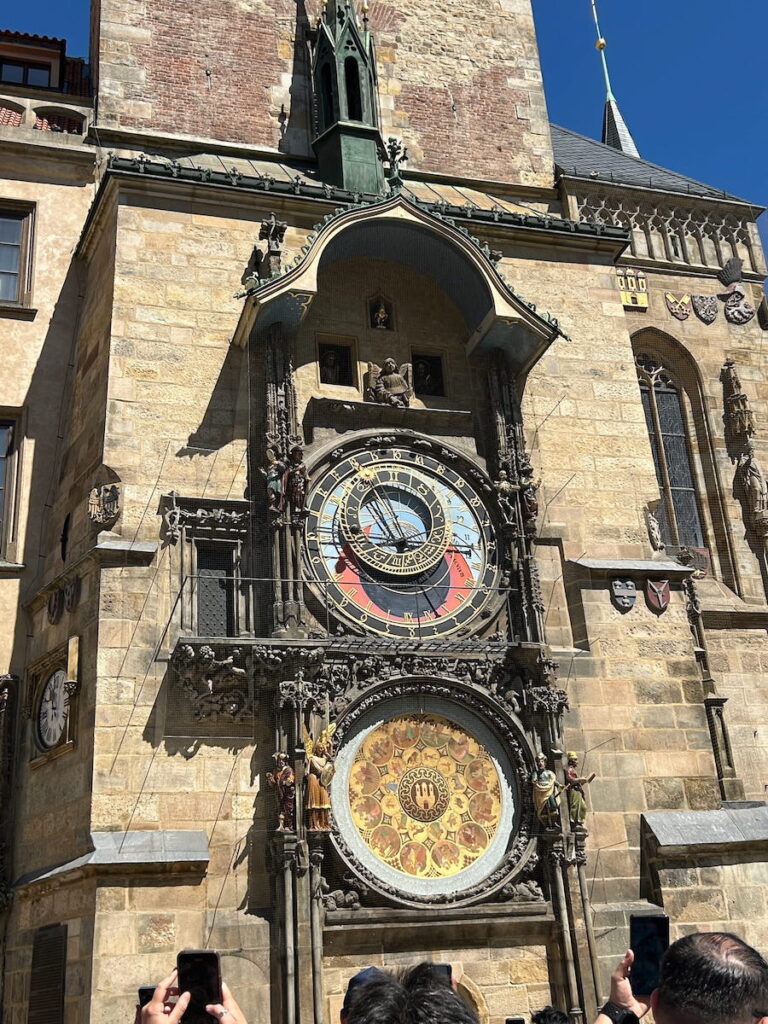 A close-up of St. Nicholas Church Astronomical Clock in Prague, Czechia.
