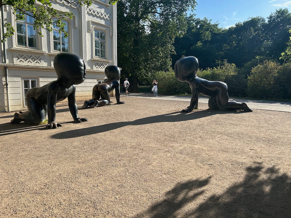 Crawling miminka (babies) sculpted by David Cerny on Kampa Island, a fun stop during four-days in Prague, Czechia.