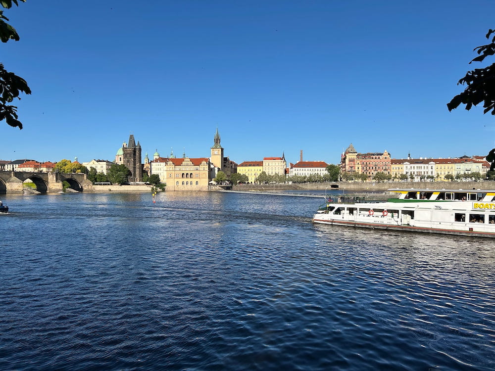 Prague Old Town, as viewed from Charles Bridge in Prague, Czechia.