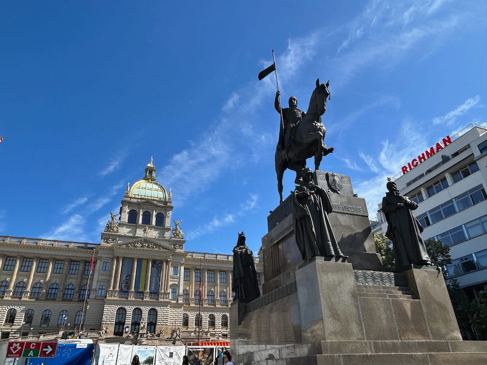 The statue of Saint Wenceslas oversees Wenceslas Square in Prague, Czechia.
