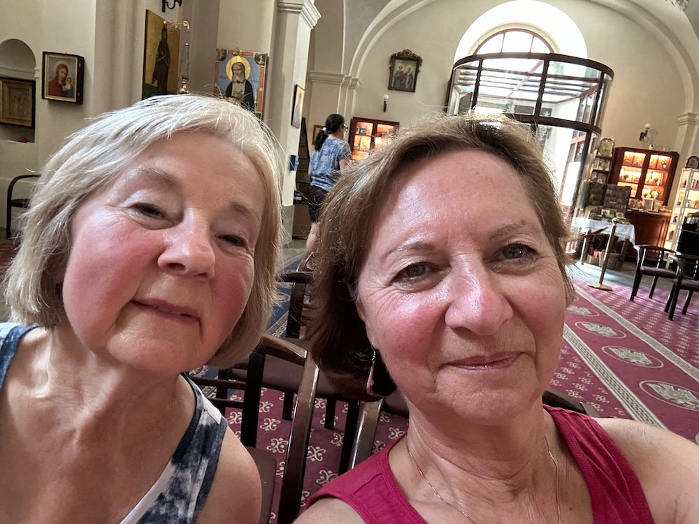 Vera and Anne enjoying a reprieve from the summer heat inside St. Cyril Orthodox Cathedral in Prague, Czechia.
