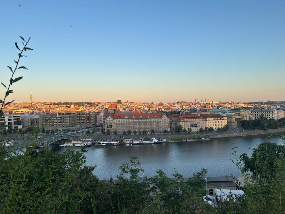 View of Prague Old Town at sunset from Letna Park.