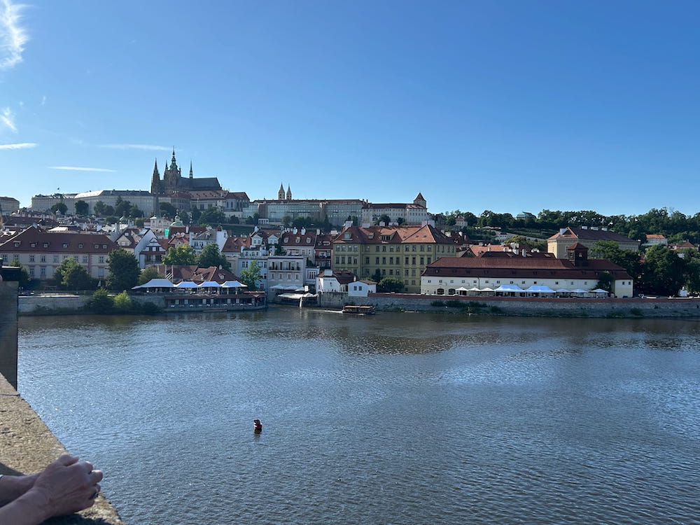 View of Prague Castle from Charles Bridge in Prague, Czechia.