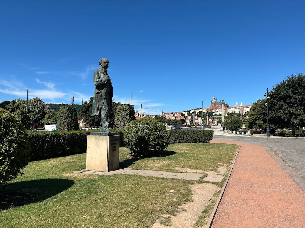 Meeting the statue of Czech composer Anton Dvorak during four-days in Prague, Czechia.