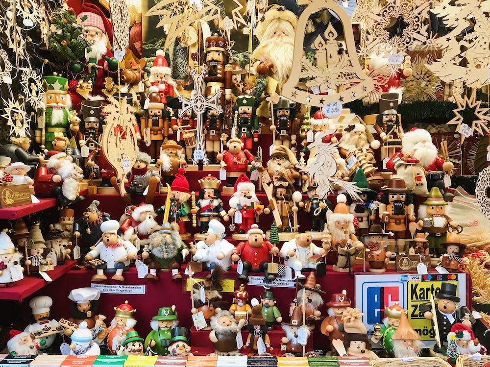 Nutcrackers and wooden ornaments at Marienplatz Christmas Market. 