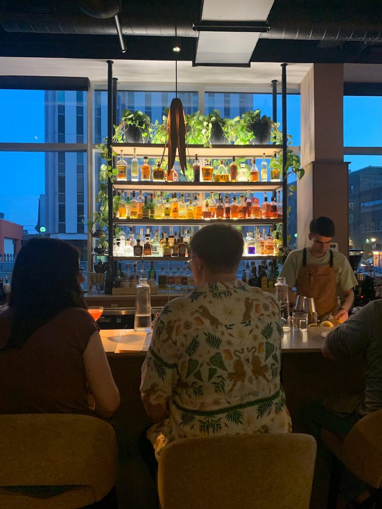 The bar is lit and full of colour at TERRE as the bartender prepares cocktails and people chat at the bar.