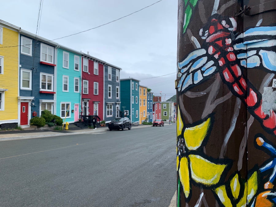 A dragonfly painted telephone post across from the colourfully painted homes of Jellybean Row.