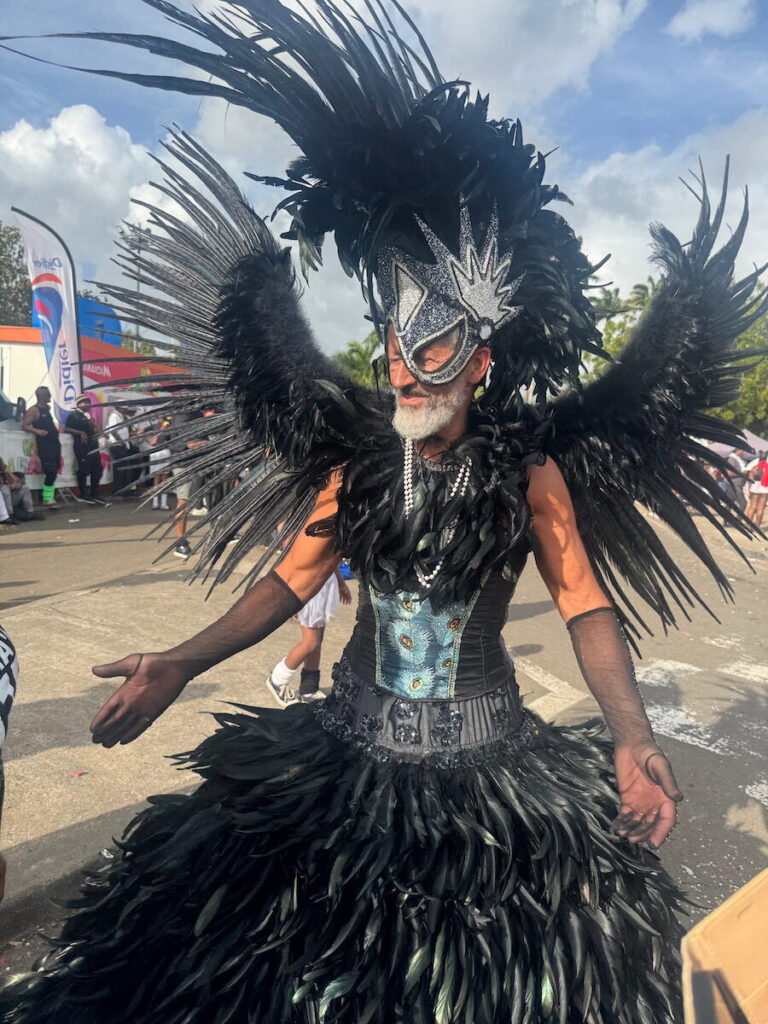 Martinique Carnival costumed man sports a black plumage covered ballgown, wings, and a head dress, like that of a black bird in all its splendour.