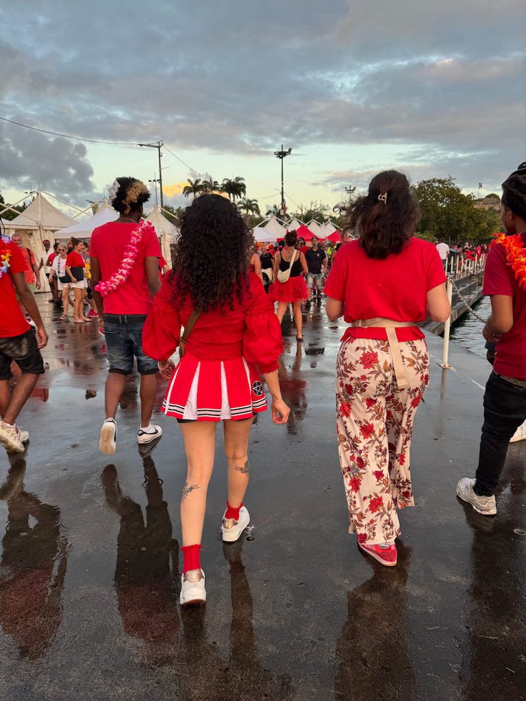 People dressed in red fill the streets during Martinique Carnival's Red Devil's Day.