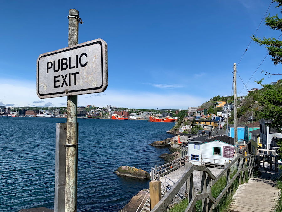 Looking back on St. John's Harbour with its colourfully painted shacks and boats, from the Public Exit to the trail to Signal Hill.