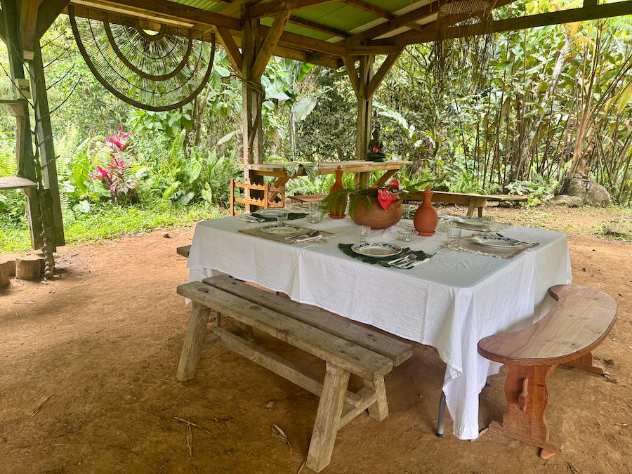 The table is set with a white table cloth and beautiful place settings for a farm-to-table meal with Chef Sterelle, right on the farm.